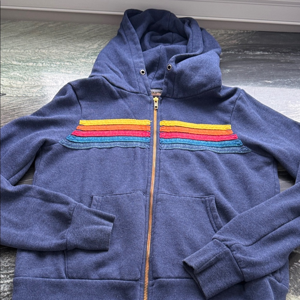 Aviator Nation Blue Hoodie with Rainbow Stripes